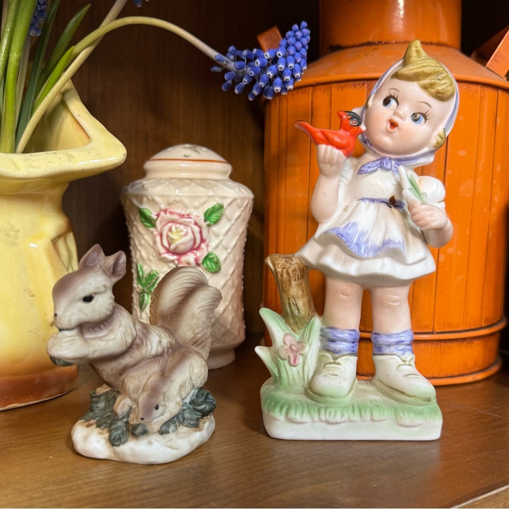Vintage Porcelain Girl Figurine with Squirrel Friend